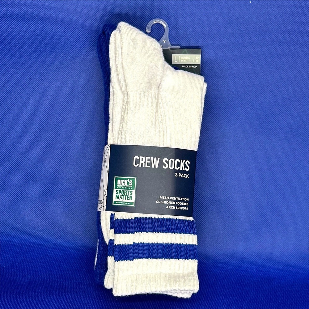 NEW Dicks Crew Socks 3 Pack Blue White Striped Mens 8-13 Womens 10+ L Gym Retro